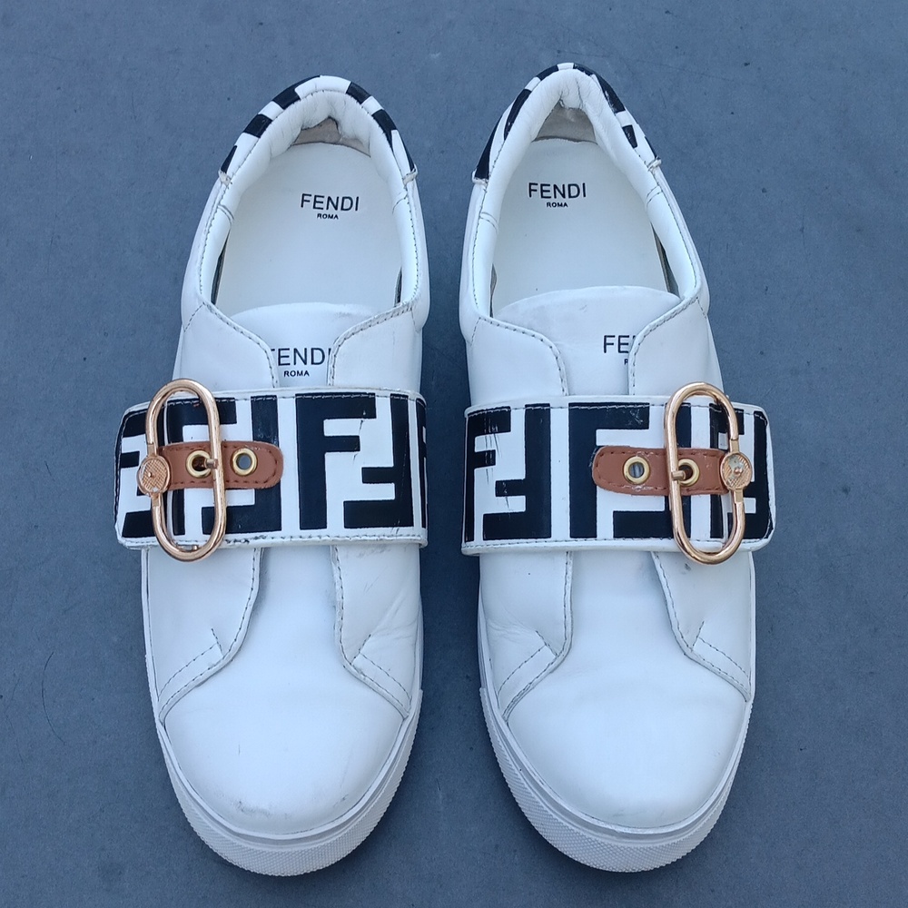 Fendi White Leather Signature Zucca Buckled Low Top Sneakers - Picture 6 of 17